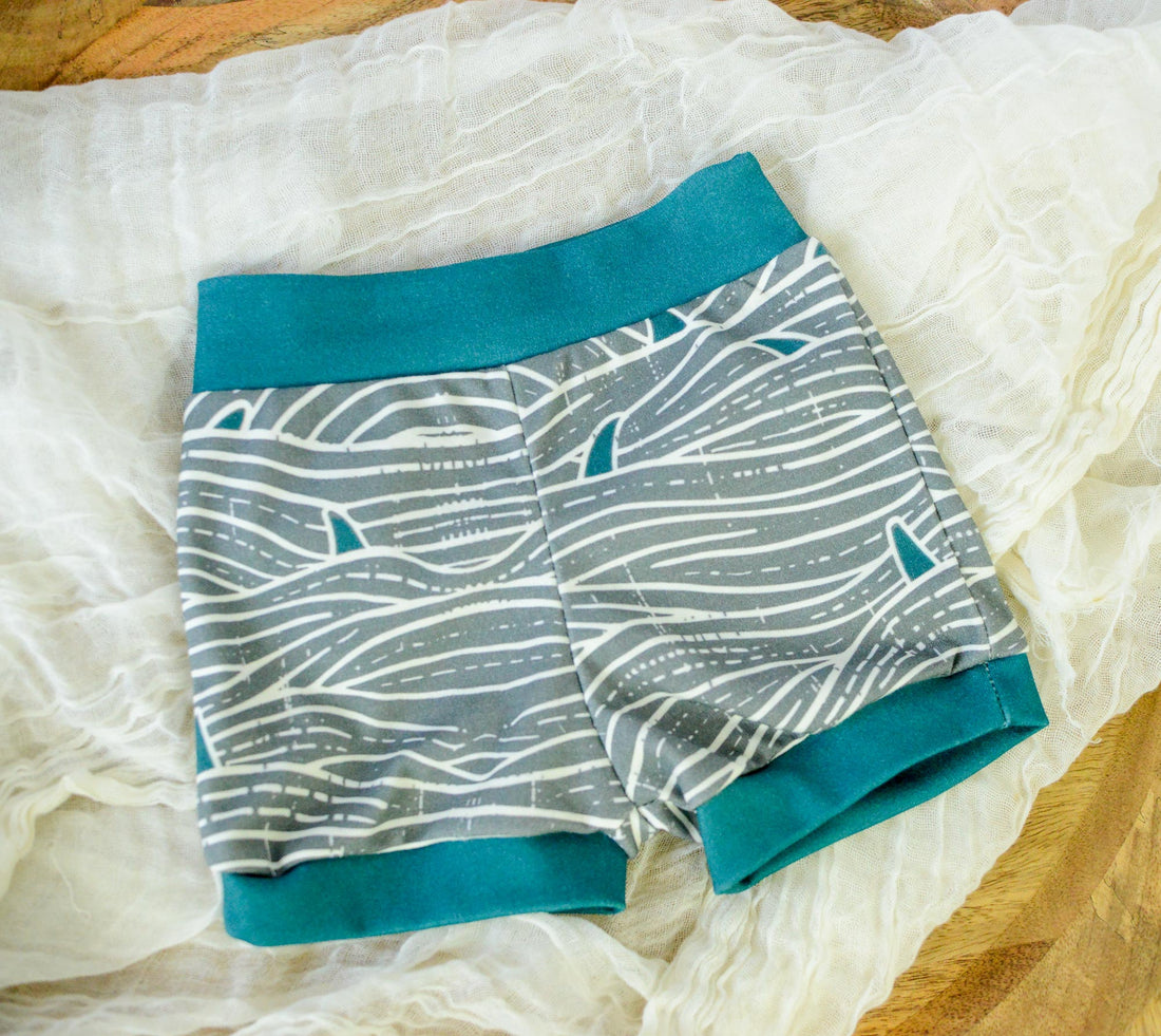 Eco-Friendly Organic Knit Baby Shorts | Waves and Shark Fins | Soft & Comfy Diaper Cover Bummies, or Shorts