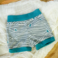 Eco-Friendly Organic Knit Baby Shorts | Waves and Shark Fins | Soft & Comfy Diaper Cover Bummies, or Shorts