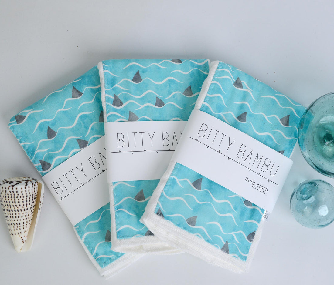 Hawaii Baby Gift, Shark Fins and Waves Baby Shower Gift, Burp Cloth Set, Handmade in Maui