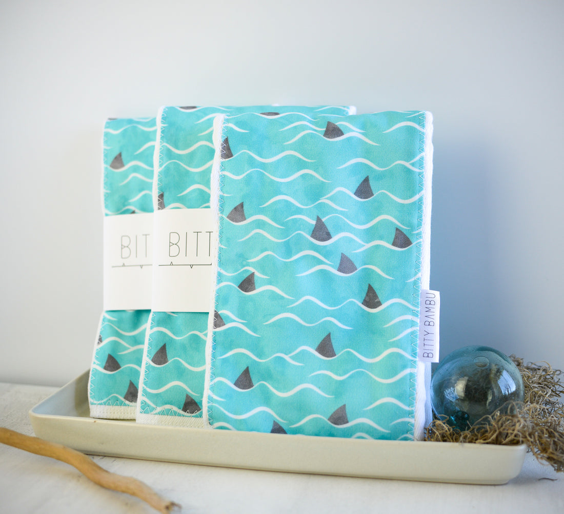 Shark / Ocean Baby Burp Cloth - Hawaii Made Baby Gift - Newborn Gift Idea - Made in Maui, Hawaii