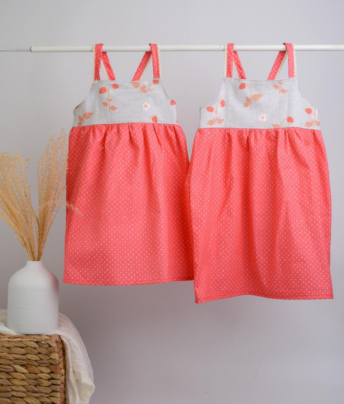 SAMPLE SALE DRESS - Strawberries with Pom Pom Trimmed Straps - Sizes 6-12 month and 1/2 yr only
