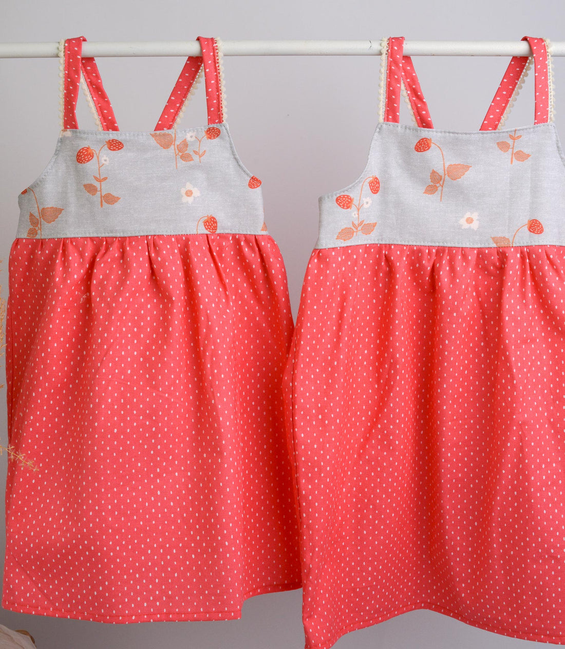 SAMPLE SALE DRESS - Strawberries with Pom Pom Trimmed Straps - Sizes 6-12 month and 1/2 yr only