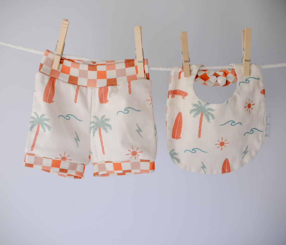 Eco-Friendly Organic Knit Baby Shorts and Bib Gift Set Surfer