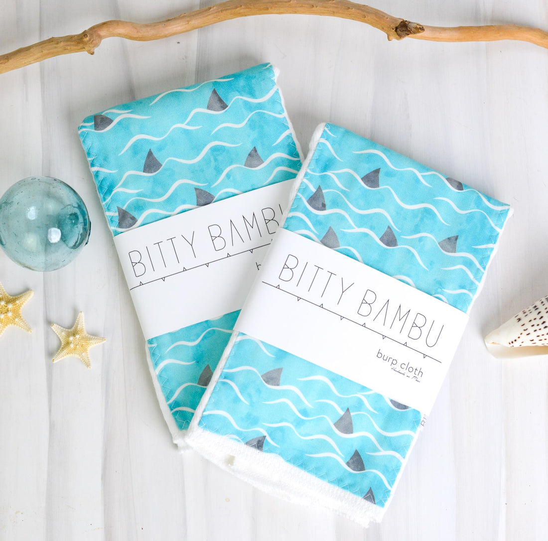 Hawaii Baby Gift, Shark Fins and Waves Baby Shower Gift, Burp Cloth Set, Handmade in Maui