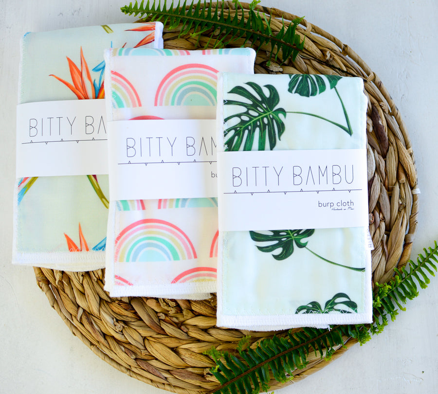 Baby Burp Cloth Set of 3 - Monstera, Rainbow and Bird of Paradise Prints - Tropical Baby Gift Set - Boutique Baby Gift - Layette Gift - Hawaii Baby - bitty bambu