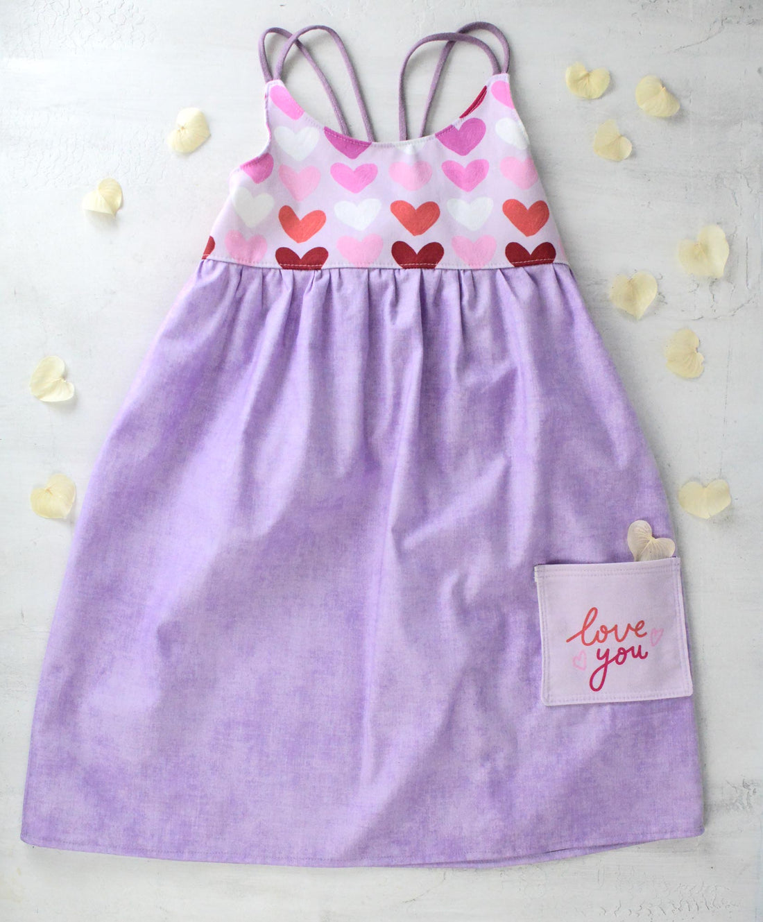 Valentine's Day Girls Dress | Hearts and Love You Pocket Dress | Handmade on Maui, Hawaii USA