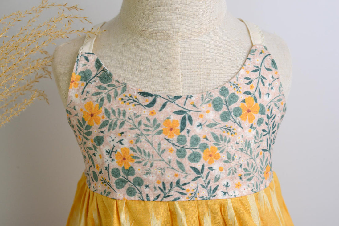 SAMPLE SALE DRESS - Vintage Floral with Yellow Ikat  - Size 2/3 yr. Only