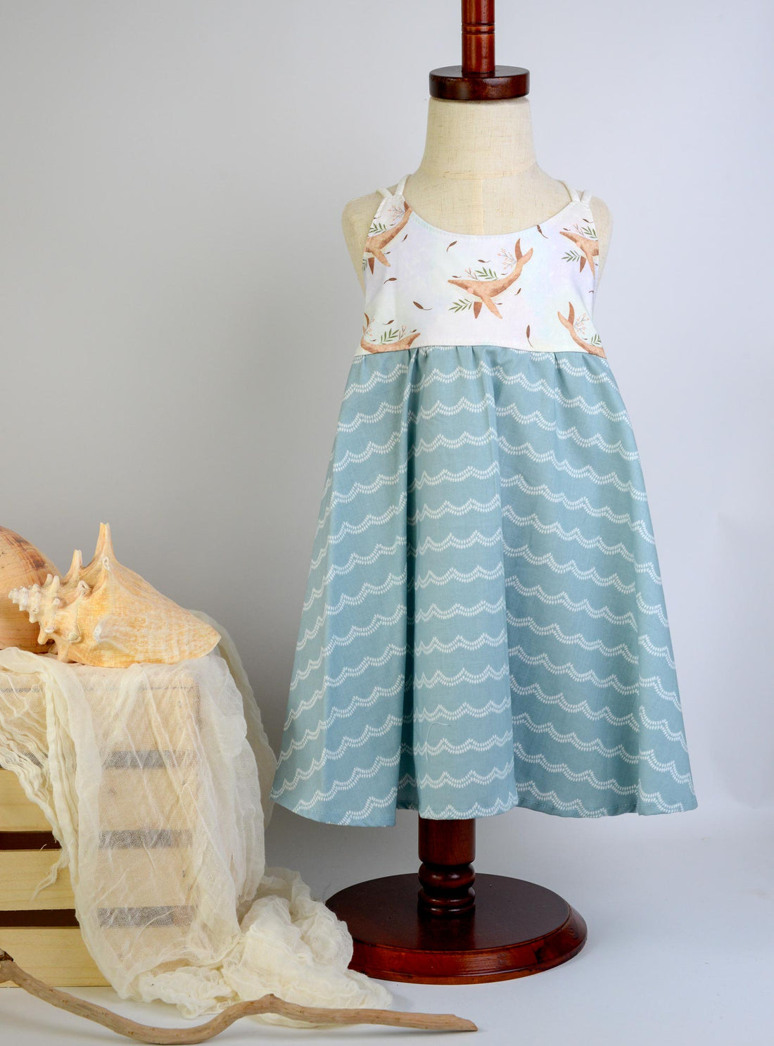 Handmade Girls' Whale and Waves Dress | Twirly Skirt Dress | 100% Cotton | Made in Hawaii
