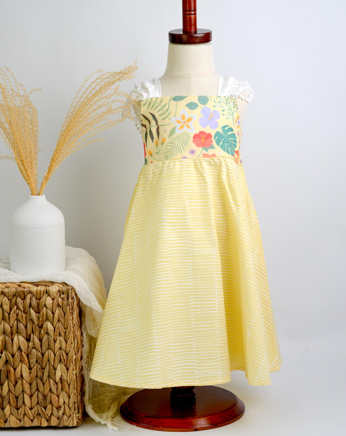 SAMPLE SALE DRESS - Tropical Print in Yellow with Lace - Size 3/4 yr. Only