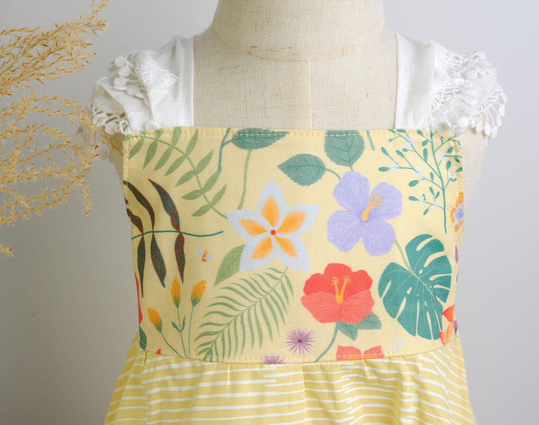 SAMPLE SALE DRESS - Tropical Print in Yellow with Lace - Size 3/4 yr. Only
