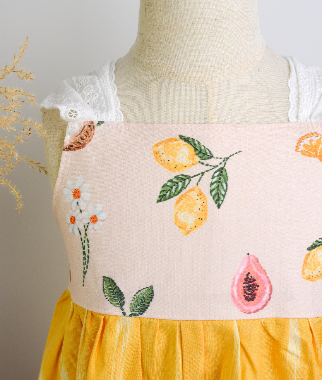 SAMPLE SALE DRESS - Mixed Tropical Fruit Print in Yellow  - Size 5/6 yrs. Only