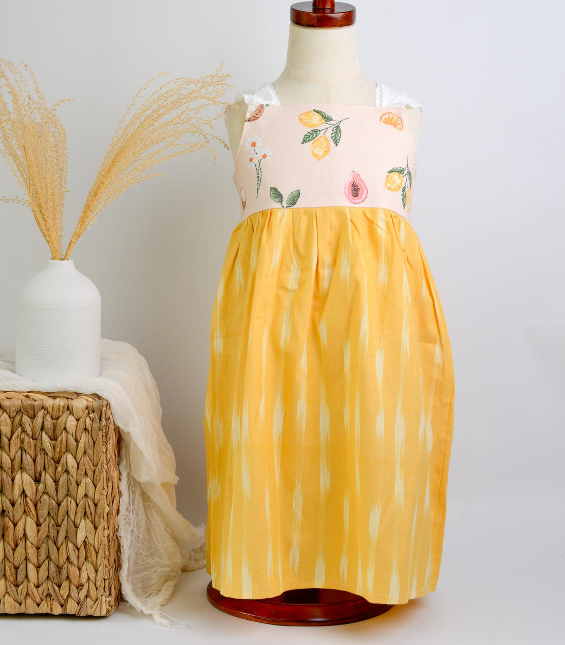 SAMPLE SALE DRESS - Mixed Tropical Fruit Print in Yellow  - Size 5/6 yrs. Only