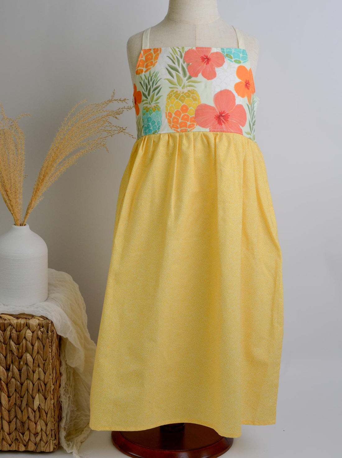 SAMPLE SALE DRESS -  Pineapples and Hibiscus Dress - Size 7/8 yr. only