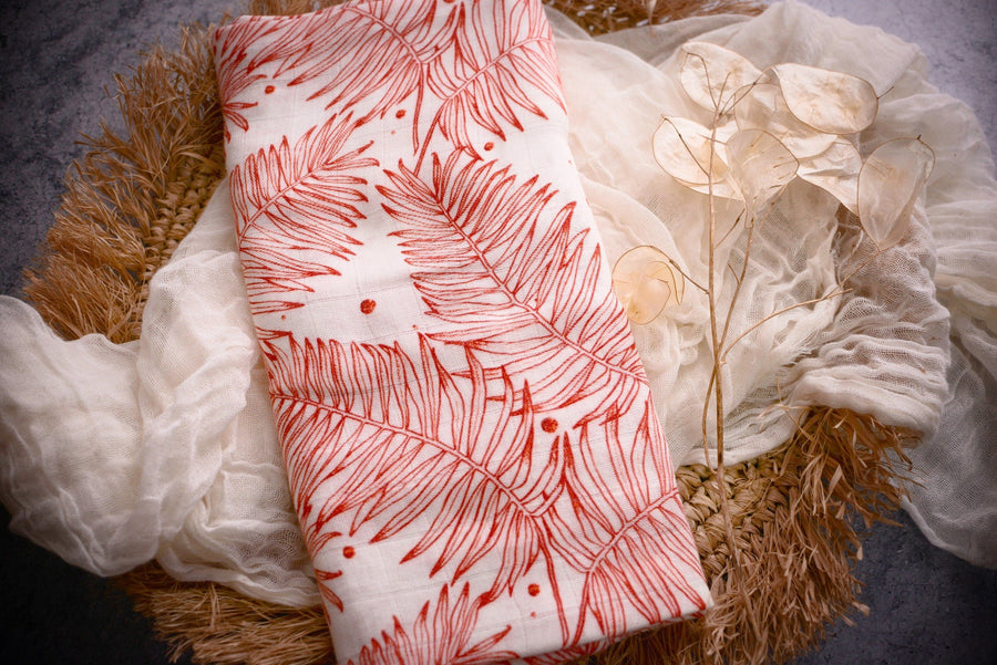 Soft Swaddle Blanket - Tropical Red Palm Leaf Print - Baby Receiving Blanket
