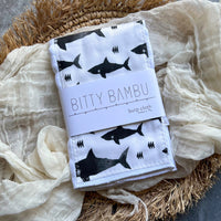 Shark Black and White Baby Burp Cloth - Baby Boy or Girl Gift - Ocean Theme Nursery Gift - Nautical Layette Gift- Made in Maui, Hawaii USA