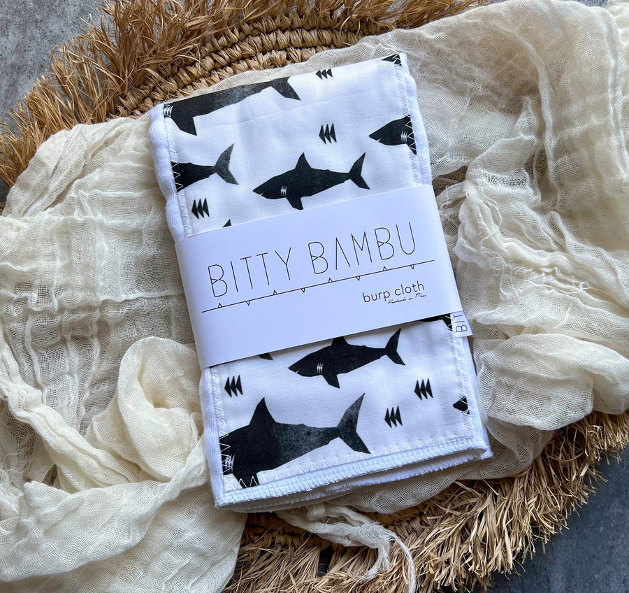 Shark Black and White Baby Burp Cloth - Baby Boy or Girl Gift - Ocean Theme Nursery Gift - Nautical Layette Gift- Made in Maui, Hawaii USA