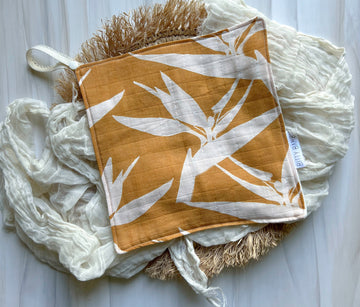 Bird of Paradise in Mustard Baby Lovey / Pacifier Keeper - Gauze Paci Keeper - Baby Lovey Teether Blanket -  Security Blanket - Made in Maui