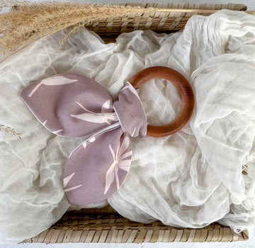 Baby Teether - Bird of Paradise in Mauve - Rabbit Ears Organic Wooden Ring Teether for Baby Shower Gift - Layette Gift - Made in Maui Hawaii