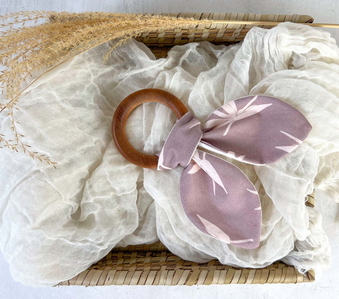 Baby Teether - Bird of Paradise in Mauve - Rabbit Ears Organic Wooden Ring Teether for Baby Shower Gift - Layette Gift - Made in Maui Hawaii