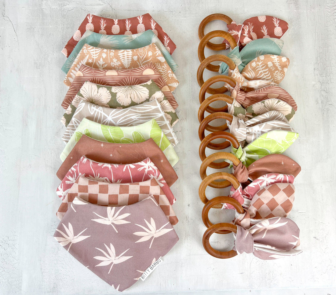 Baby Bib - Bandana Style Drool Bib - Ferns in Neutral - Gender Neutral Baby Gift - Baby Shower Gift - Made in Maui, Hawaii USA