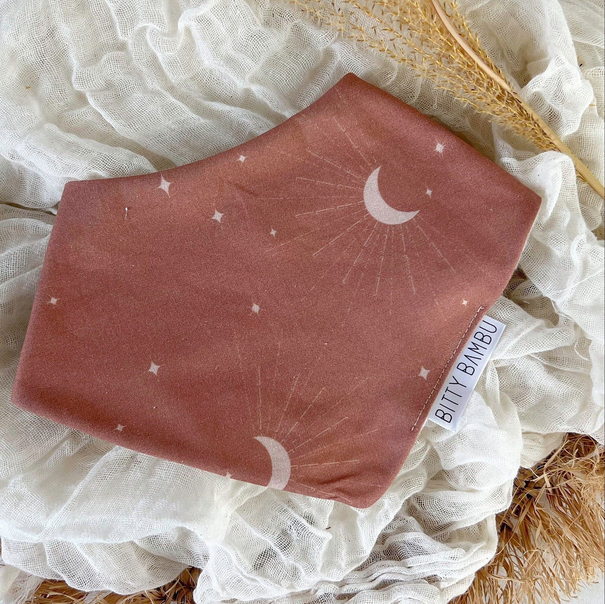 Baby Bib - Bandana Style Drool Bib - Moon and Stars in Brown - Gender Neutral Baby Gift Made - Baby Shower Gift - Made in Maui, Hawaii USA