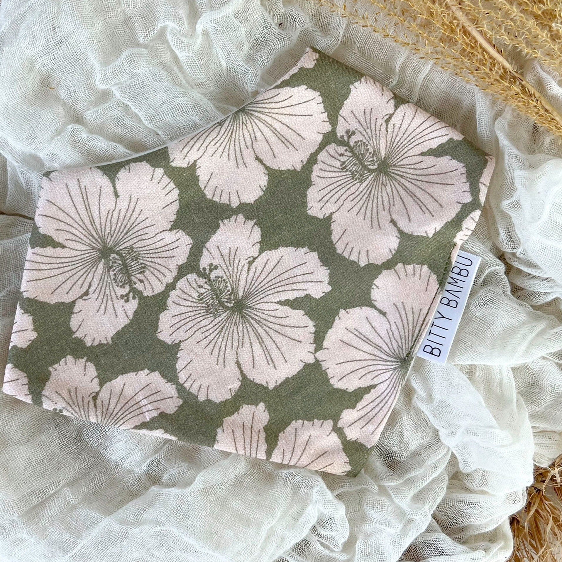 Baby Bib - Bandana Style Drool Bib - Hibiscus in Olive Green  - Gender Neutral Baby Gift - Baby Shower Gift - Made in Maui, Hawaii USA
