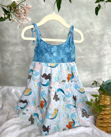 Twirly Summer Dress for baby, toddler, youth, tween girl / Mermaid Print / Adjustable Straps / Dress for Girl / Made in Maui, Hawaii USA