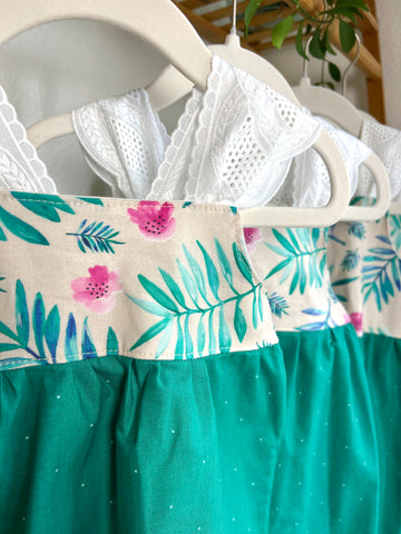 SAMPLE SALE - Watercolor Floral Tropical Print - Lace Sleeve Girls Dress - Toddler, Youth Girls Dress - Made in Maui, Hawaii USA