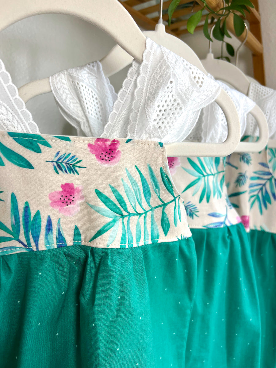 SAMPLE SALE - Watercolor Floral Tropical Print - Lace Sleeve Girls Dress - Toddler, Youth Girls Dress - Made in Maui, Hawaii USA