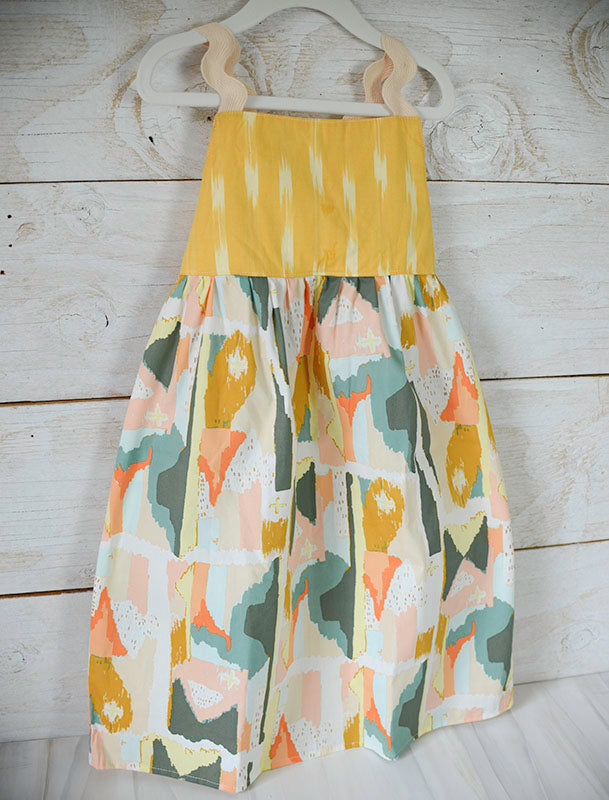 SAMPLE SALE - Abstract Print with Yellow and Ric Rac Straps - Size 7/8 yr
