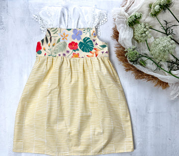Yellow Tropical Girls Dress with Lace Straps - Toddler, Youth Girls Dress - Made in Maui, Hawaii USA